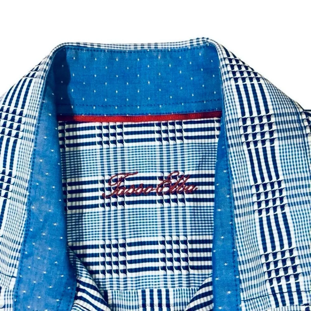 Tasso Elba Blue Plaid Buttons Down Long Sleeve Flip Cuff Sz M (15-151/2) Shirt